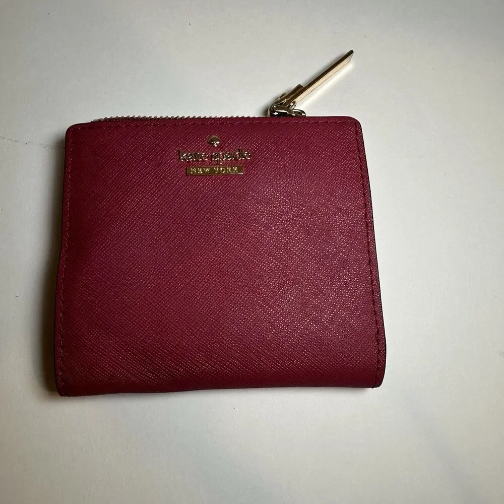 Kate Spade New York Dark Pink Saffiano Leather Small Wallet Card Holder Zip Coin